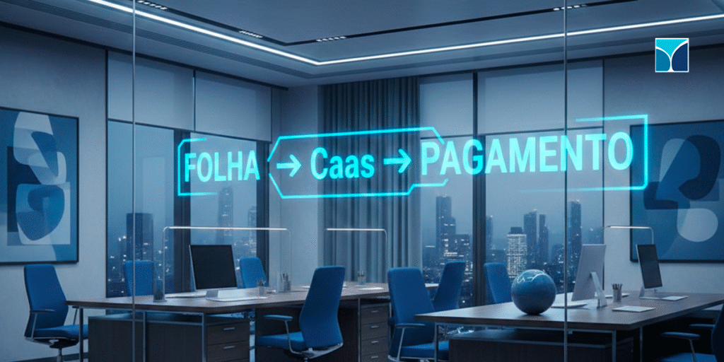 calendário de prazos; diagrama “folha→CaaS→pagamento”; tela de conciliação.